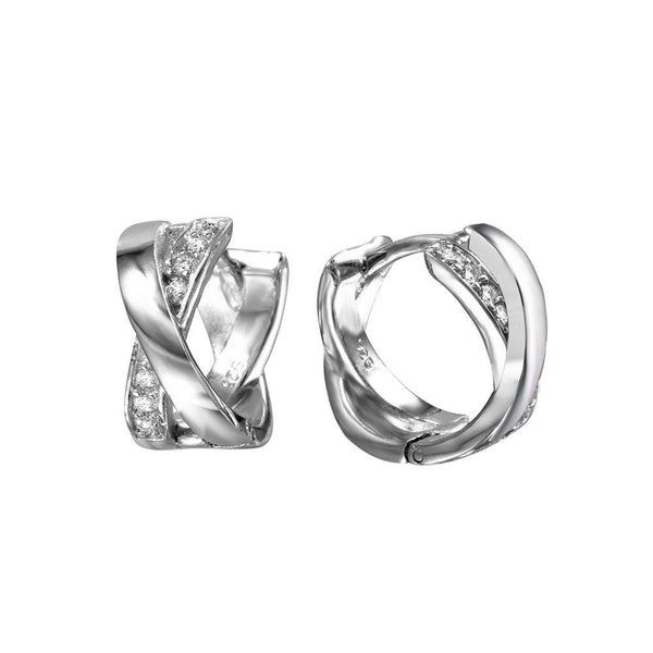 Silver 925 Rhodium Plated X huggie hoop Earrings with Cubic Zirconia Stones