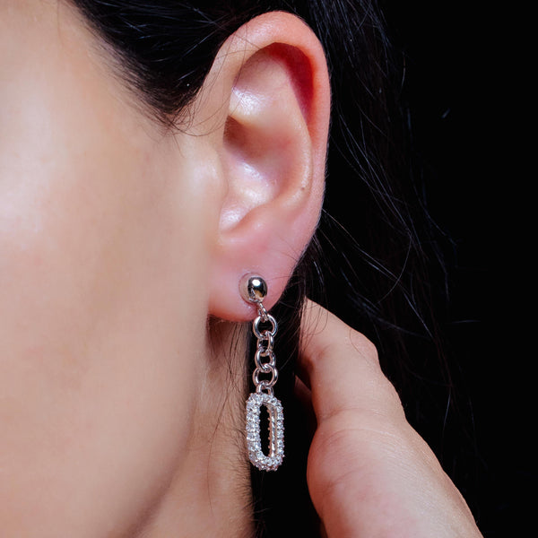 Silver 925 Rhodium Plated Open Rectangle Clear CZ Dangling Wire Earrings