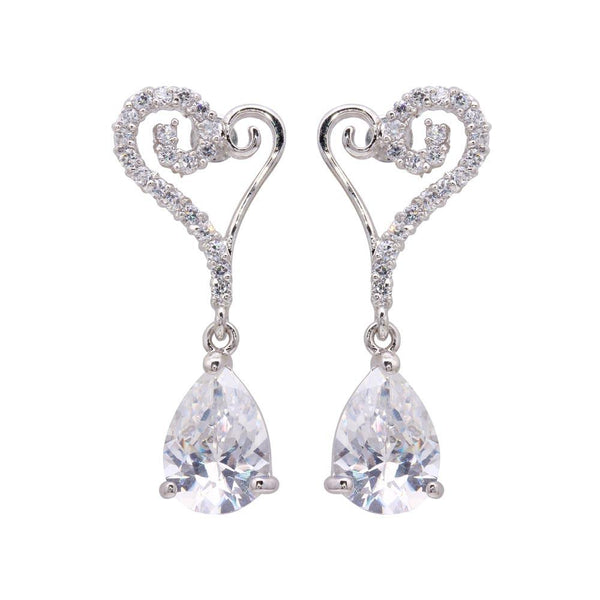 Silver 925 Rhodium Plated Open Heart CZ Dangling Stud Earrings