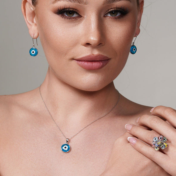 Silver 925 Rhodium Plated Blue Evil Eye Necklace