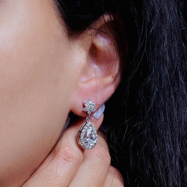 Silver 925 Rhodium Plated Star Teardrop Center Clear CZ Inlay Outline Dangling Stud Earrings