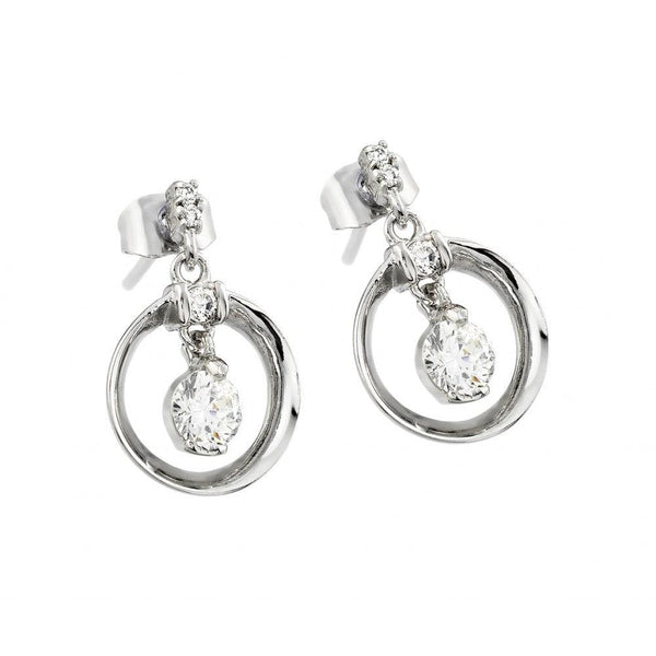 Silver 925 Rhodium Plated Open Circle Round CZ Dangling Stud Earrings