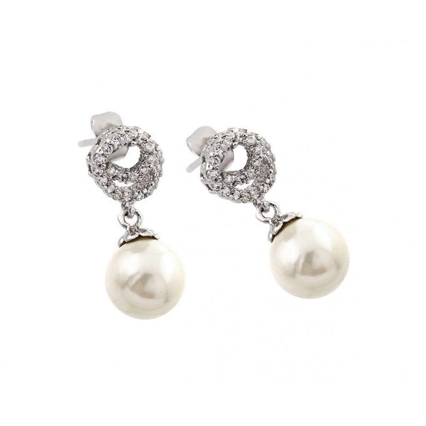 Silver 925 Rhodium Plated CZ Dangling Pearl Stud Earrings
