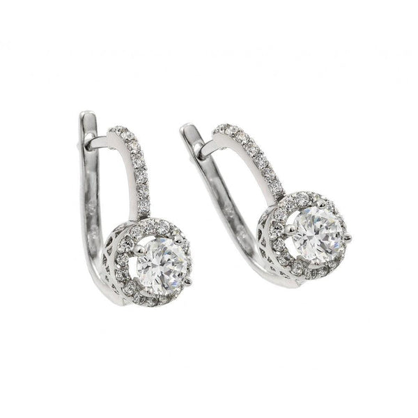 Silver 925 Rhodium Plated Round Center CZ Leverback Earrings