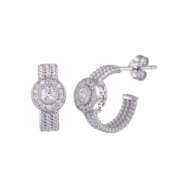 Silver 925 Rhodium Plated Crescent Center Round CZ Semi-huggie hoop Earrings