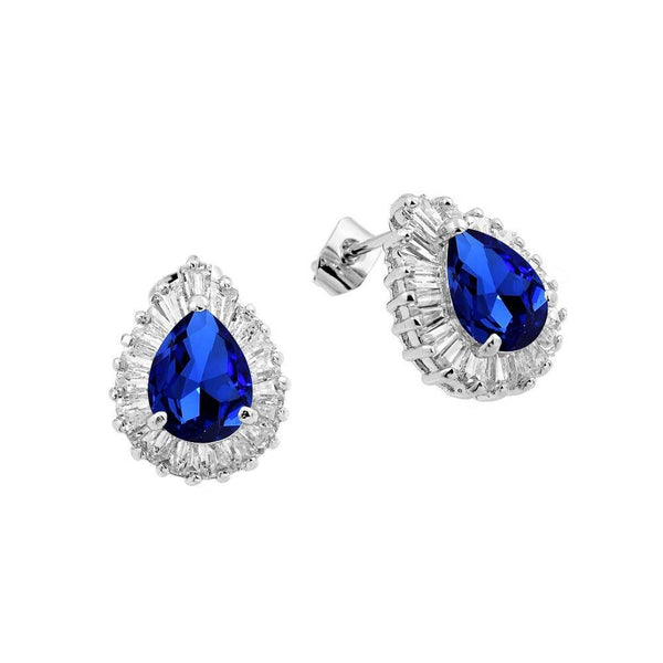 Silver 925 Rhodium Plated Clear and Blue Teardrop Baguette CZ Stud Earrings