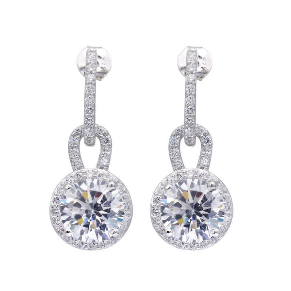 Silver 925 Rhodium Plated Two Piece Round Pave CZ Dangling Stud Earrings