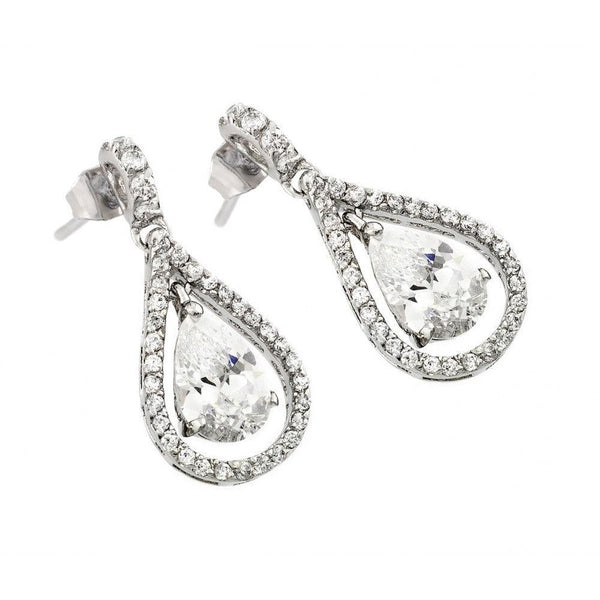 Silver 925 Rhodium Plated Channel Teardrop CZ Dangling Stud Earrings