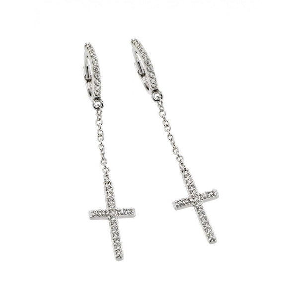 Silver 925 Rhodium Plated Round Cross Clear CZ Wire Dangling huggie hoop Earrings