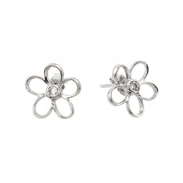 Silver 925 Rhodium Plated Open Flower Center CZ Stud Earrings