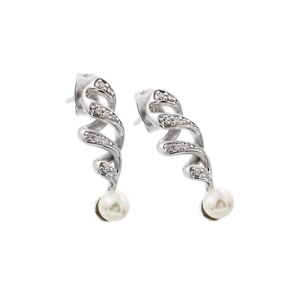 Silver 925 Rhodium Plated Clear CZ Pearl Twist Dangling Stud Earrings