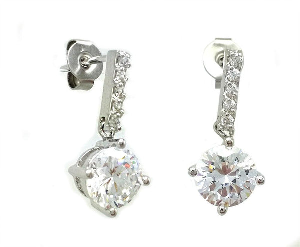 Silver 925 Rhodium Plated Channel Round CZ Dangling Stud Earrings