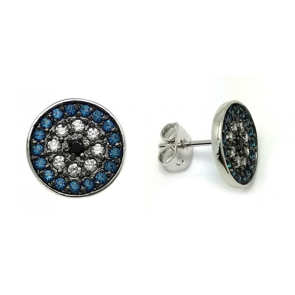 Silver 925 Rhodium Plated Blue and Black and Clear CZ Inlay Stud Earrings