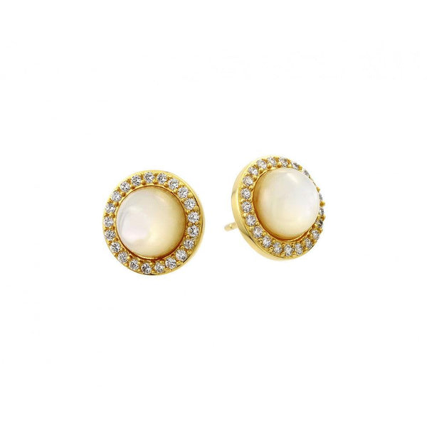 Silver 925 Gold Plated Round CZ Outline Center Pearl Stud Earrings