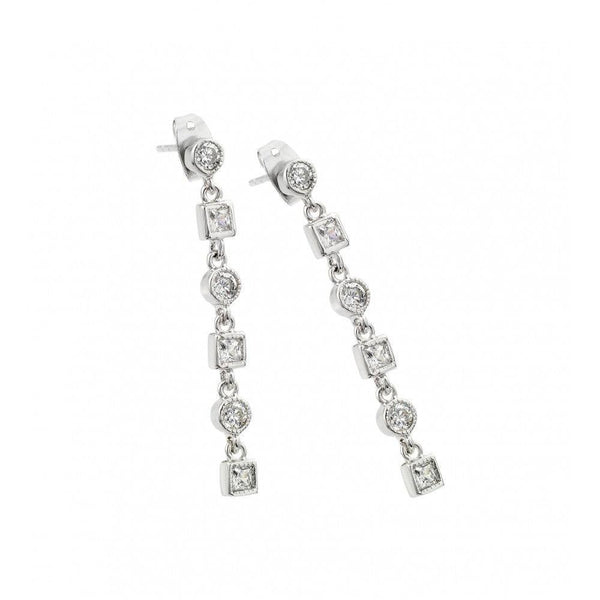 Silver 925 Rhodium Plated Round and Square Clear CZ Dangling Stud Earrings