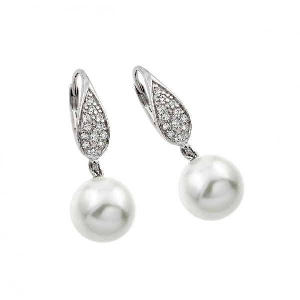 Silver 925 Rhodium Plated Marquis CZ Hanging Pearl Leverback Earrings