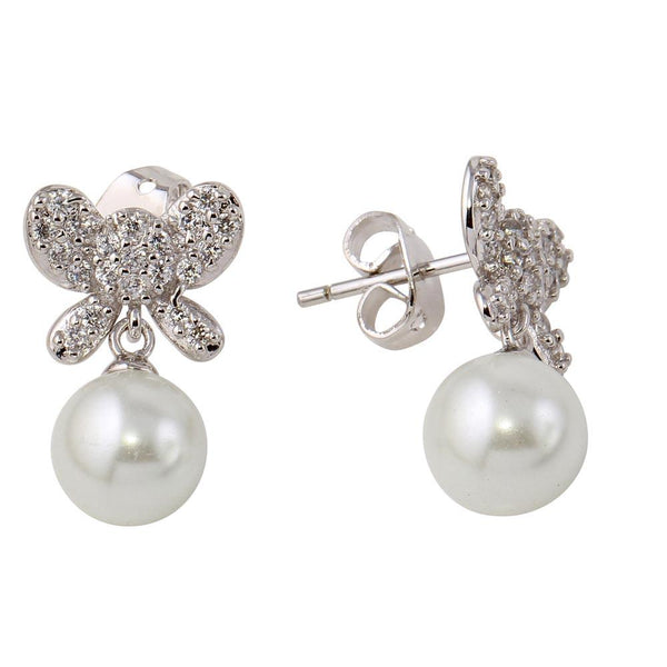 Rhodium Plated 925 Sterling Silver Butterfly Earrings with Dangling Synthetic Pearl
