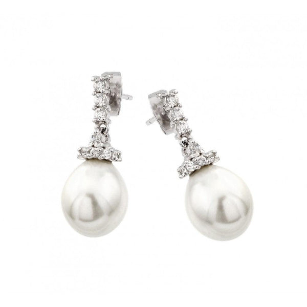 Silver 925 Rhodium Plated CZ Hanging Pearl Stud Earrings