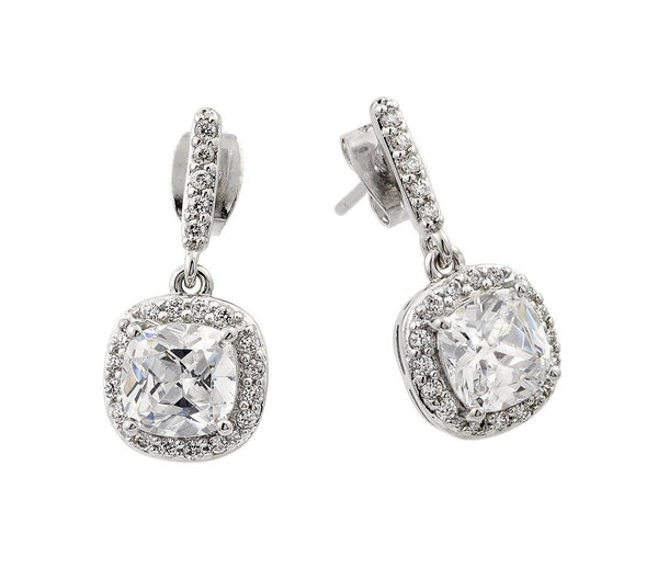 Rhodium Plated 925 Sterling Silver Hanging Square Halo CZ Earrings