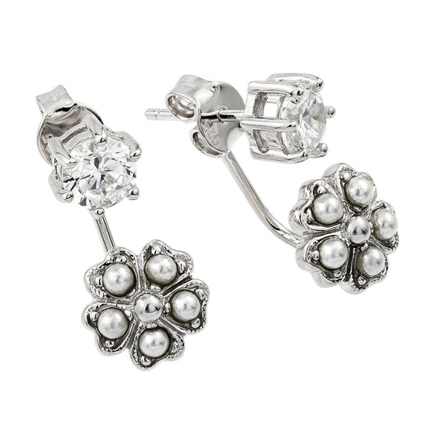 Silver 925 Rhodium Plated Floral Earring Front and Back Earrings