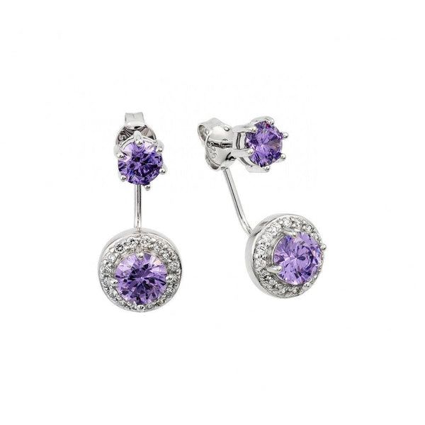 Silver 925 Rhodium Plated Purple CZ Cluster Front and Back Earrings