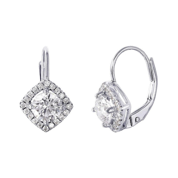 Silver 925 Rhodium Plated Round Center CZ Stone Halo Earrings
