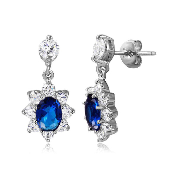 Silver 925 Rhodium Plated 2 Toned Clear And Blue CZ Hanging Earrings