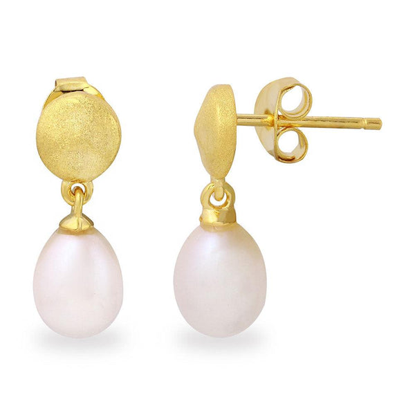 Silver 925 Matte Finish Gold Plated Disc with Hanging Fresh Water Pearl Earrings