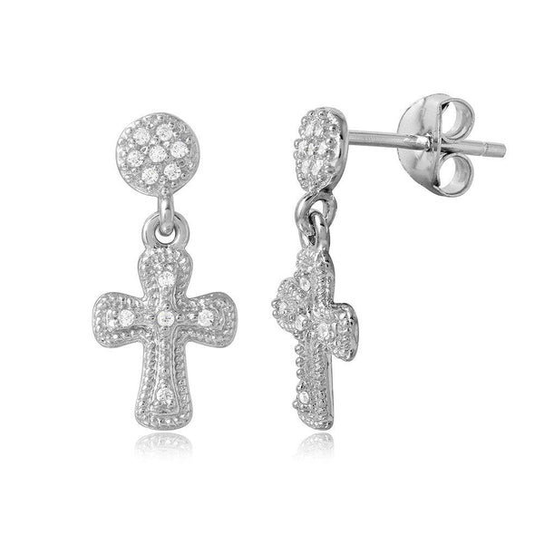 Silver 925 Rhodium Plated Hanging Cross CZ Earrings