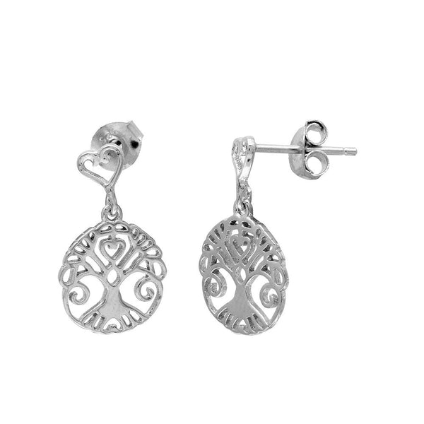 Rhodium Plated 925 Sterling Silver Tree Of Life Outline Disc Dangling Earrings