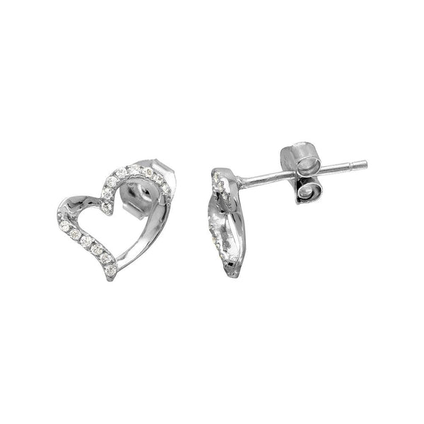 Rhodium Plated 925 Sterling Silver Open Sideways CZ Heart Stud Earrings