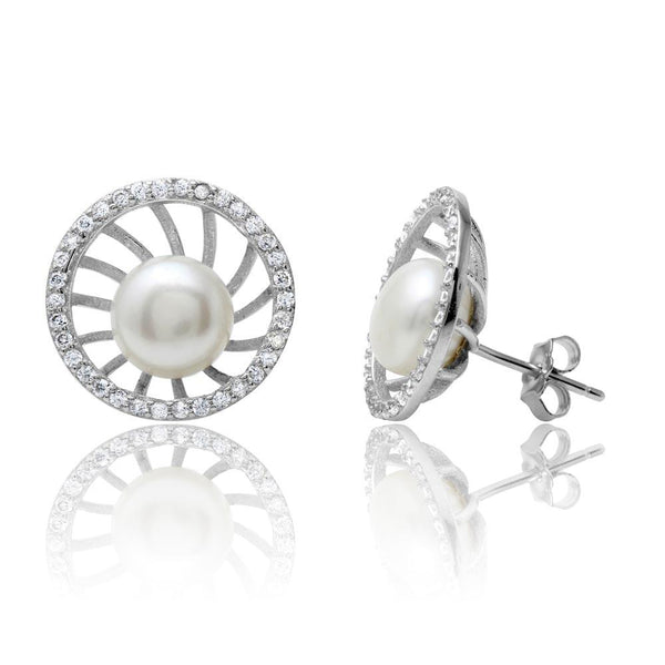 Rhodium Plated 925 Sterling Silver Fresh Water Pearl Center CZ Border Stud Earrings