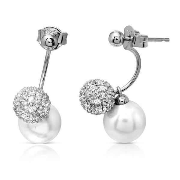 Rhodium Plated 925 Sterling Silver CZ Mother of Pearl Front and Back Earrings