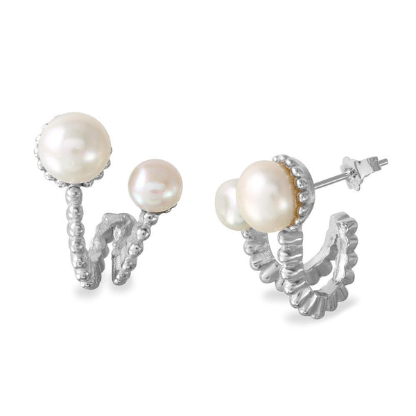 Rhodium Plated 925 Sterling Silver 2 Folded Fresh Water Pearl Earrings