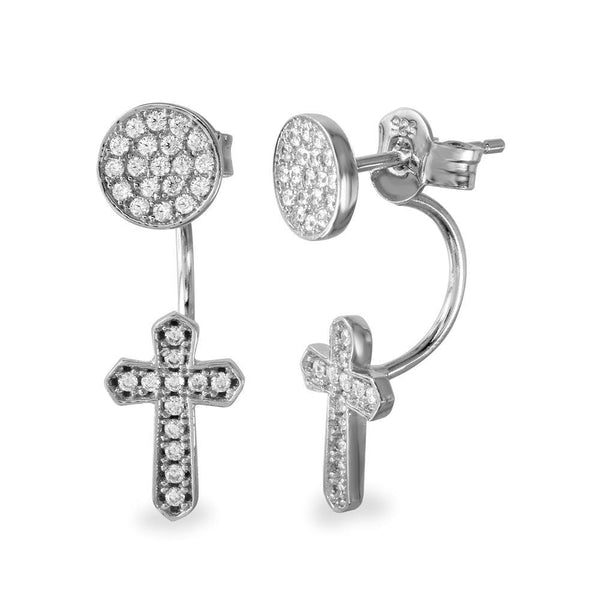 Rhodium Plated 925 Sterling Silver Circle and Dropped Cross CZ Front and Back Earrings