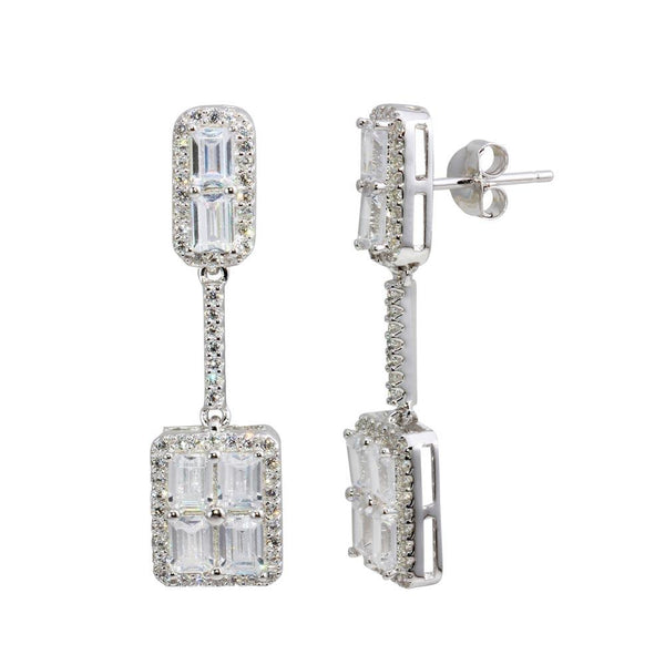 Rhodium Plated 925 Sterling Silver Dangling Bar and Square Earrings with CZ