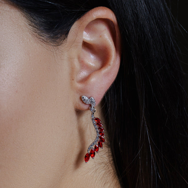 Rhodium Plated 925 Sterling Silver Dangling Feather Earrings with Red CZ