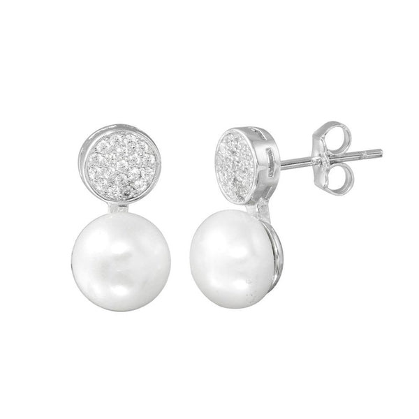 Rhodium Plated 925 Sterling Silver CZ Encrusted Disc Dangling Pearl Earring