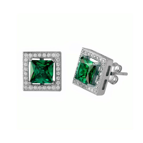 Rhodium Plated 925 Sterling Silver Green Halo Square CZ Stud Earrings