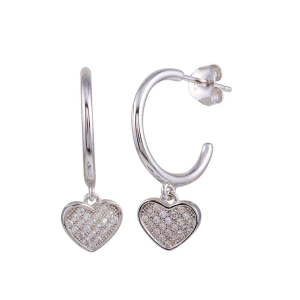 Rhodium Plated 925 Sterling Silver Semi Hoop CZ Heart Shaped Earrings