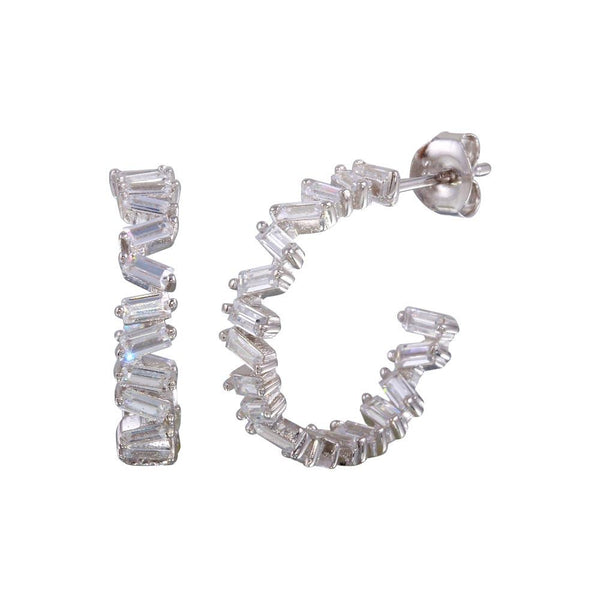 Rhodium Plated 925 Sterling Silver Semi Hoop CZ Baguette Earrings