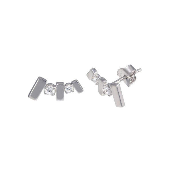 Rhodium Plated 925 Sterling Silver Bar CZ Stud Earring