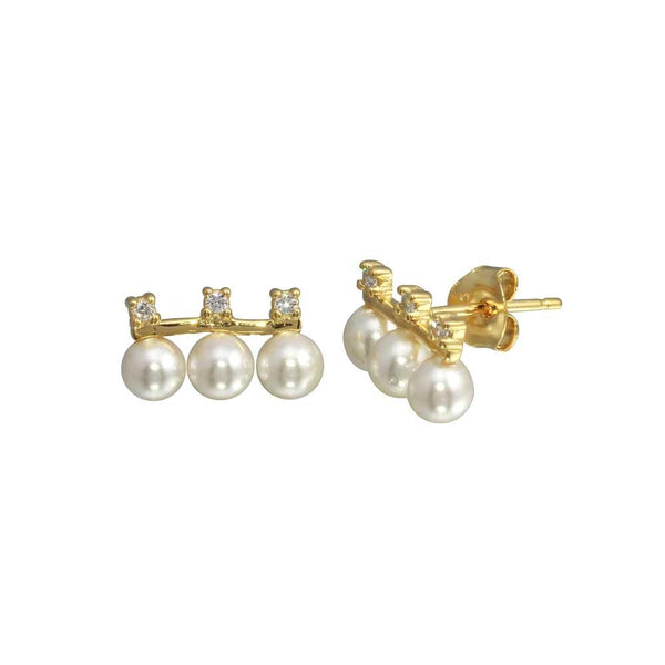 Gold Plated 925 Sterling Silver CZ Dangling 3 Faux Pearls Earring