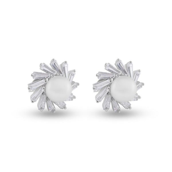 Rhodium Plated 925 Sterling Silver Water Pearl Clear Baguette CZ Stud Earrings