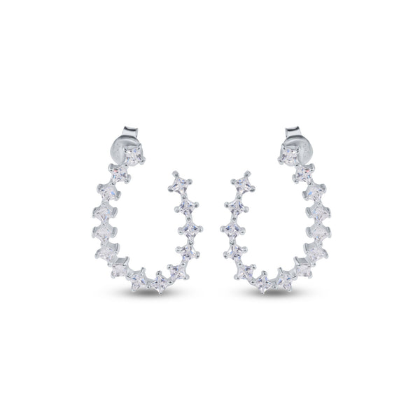 Rhodium Plated 925 Sterling Silver Indented Semi Hoop Square Cut Clear CZ Stud Earrings