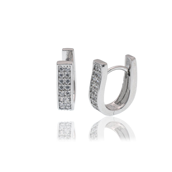 Rhodium Plated 925 Sterling Silver U Shape Clear CZ 3.9mm x 13.4mm Latch Earrings