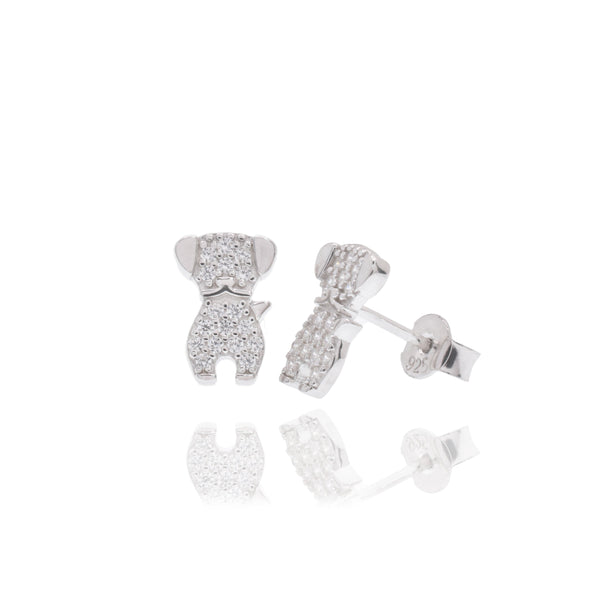 Rhodium Plated 925 Sterling Silver Dog Studded Clear CZ 6.7mm x 10mm Stud Earrings