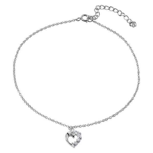 Rhodium Plated 925 Sterling Silver Dangling Curved Open Heart with CZ Anklet
