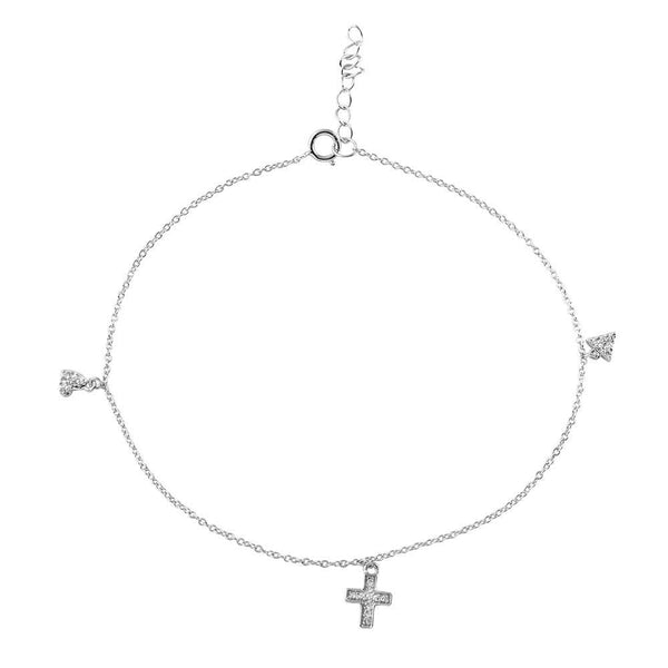 Rhodium Plated 925 Sterling Silver Heart Cross and Triangle Drop Anklet