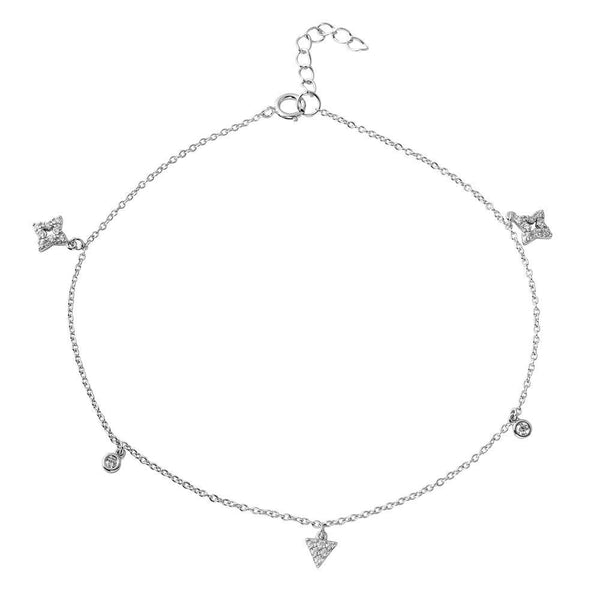 Rhodium Plated 925 Sterling Silver Triangle and Rhombus Drop Anklet with CZ